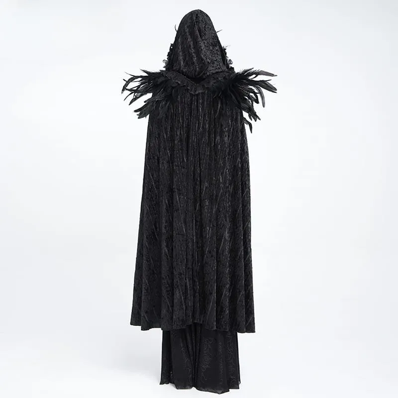 Gothic-Umhang für Damen mit floralem Feder- und Spitzenbesatz, Kapuze und langem Design