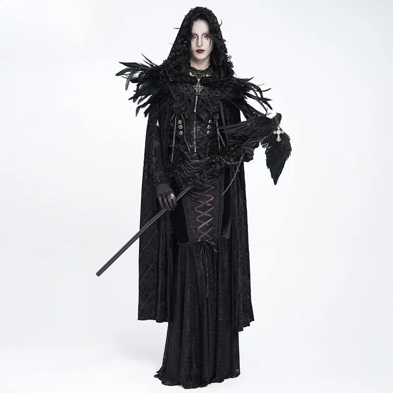 Gothic-Umhang für Damen mit floralem Feder- und Spitzenbesatz, Kapuze und langem Design