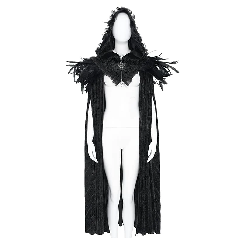 Gothic-Umhang für Damen mit floralem Feder- und Spitzenbesatz, Kapuze und langem Design