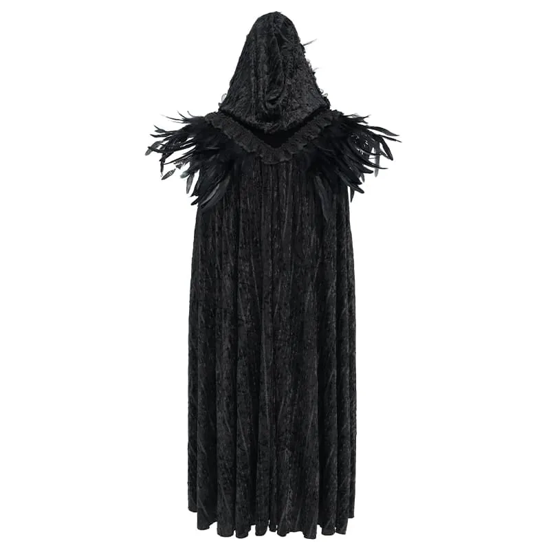 Gothic-Umhang für Damen mit floralem Feder- und Spitzenbesatz, Kapuze und langem Design