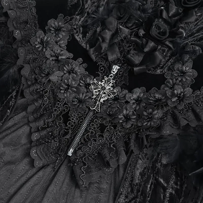 Gothic-Umhang für Damen mit floralem Feder- und Spitzenbesatz, Kapuze und langem Design