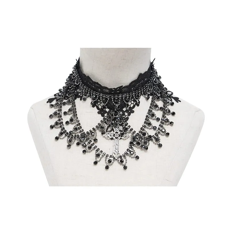 Gothic-Choker für Damen mit Kreuz, mehrlagiger Kette und Spitze