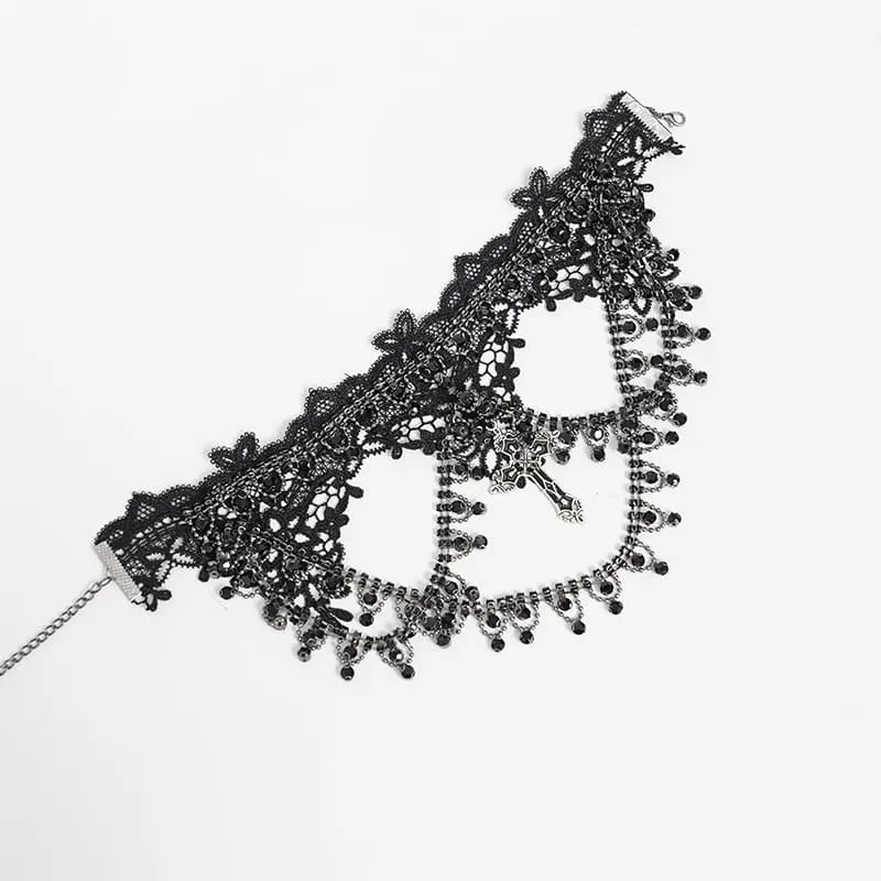 Gothic-Choker für Damen mit Kreuz, mehrlagiger Kette und Spitze