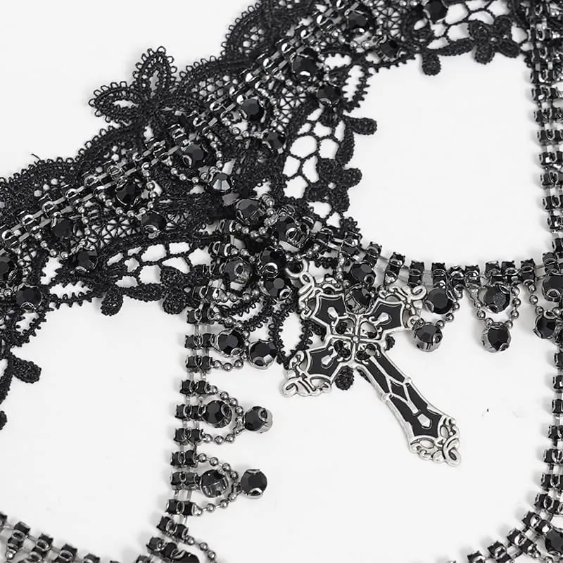 Gothic-Choker für Damen mit Kreuz, mehrlagiger Kette und Spitze