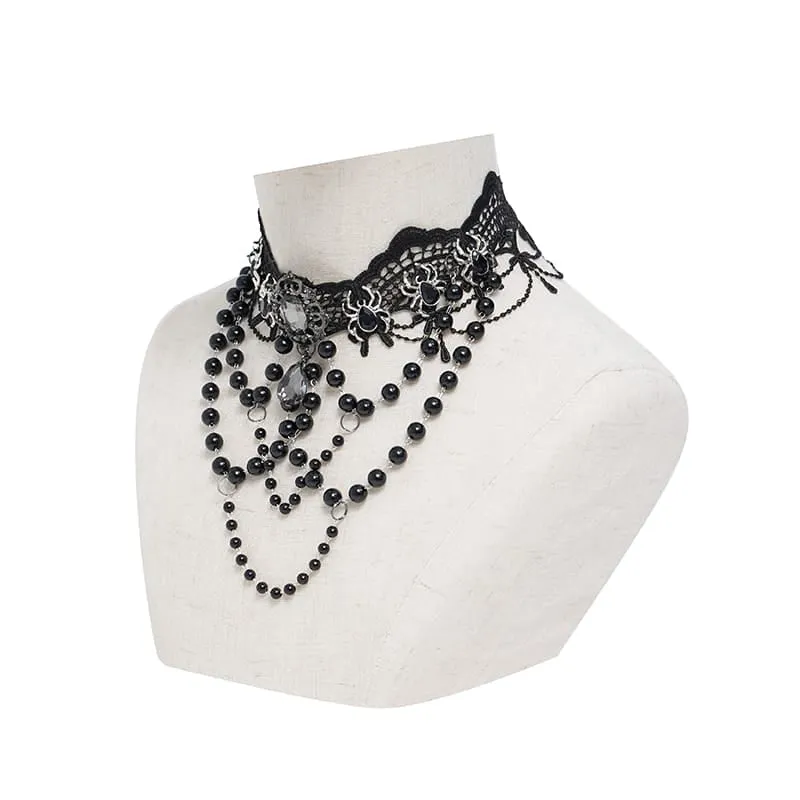 Gothic-Choker für Damen mit Spinnenmotiv, Perlenkette und Spitze