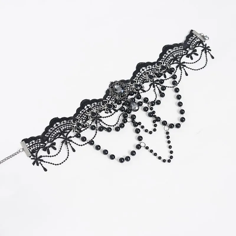 Gothic-Choker für Damen mit Spinnenmotiv, Perlenkette und Spitze