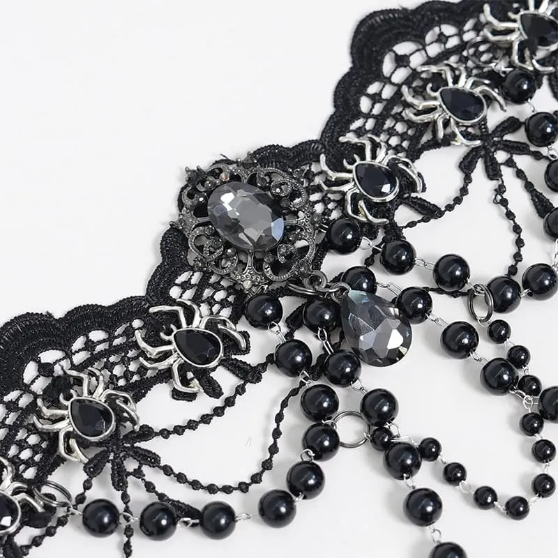Gothic-Choker für Damen mit Spinnenmotiv, Perlenkette und Spitze