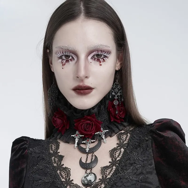 Gothic-Halskragen für Damen mit Kreuz- und Rosenmotiv, Rüschen aus Spitze und Netzgewebe, Schwarz-Rot