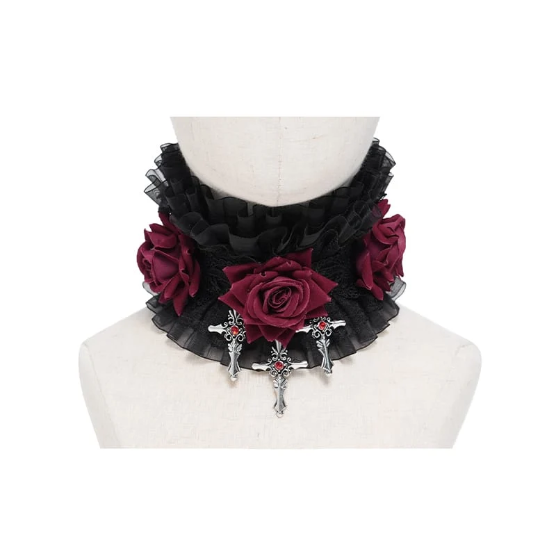 Gothic-Halskragen für Damen mit Kreuz- und Rosenmotiv, Rüschen aus Spitze und Netzgewebe, Schwarz-Rot