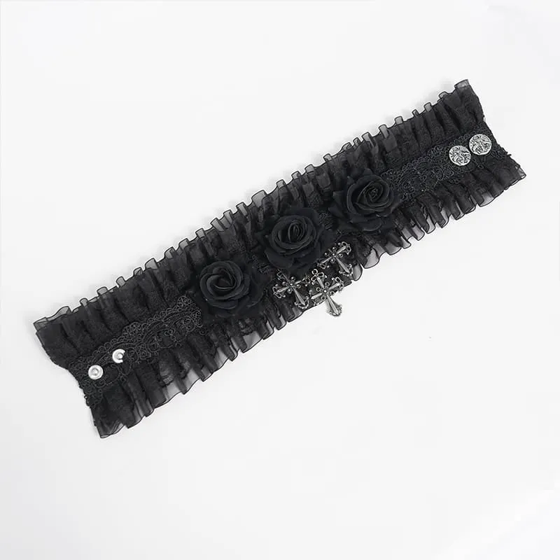 Gothic-Halskragen mit Kreuz- und Rosenmotiv für Damen, aus Rüschenspitze und Mesh, schwarz