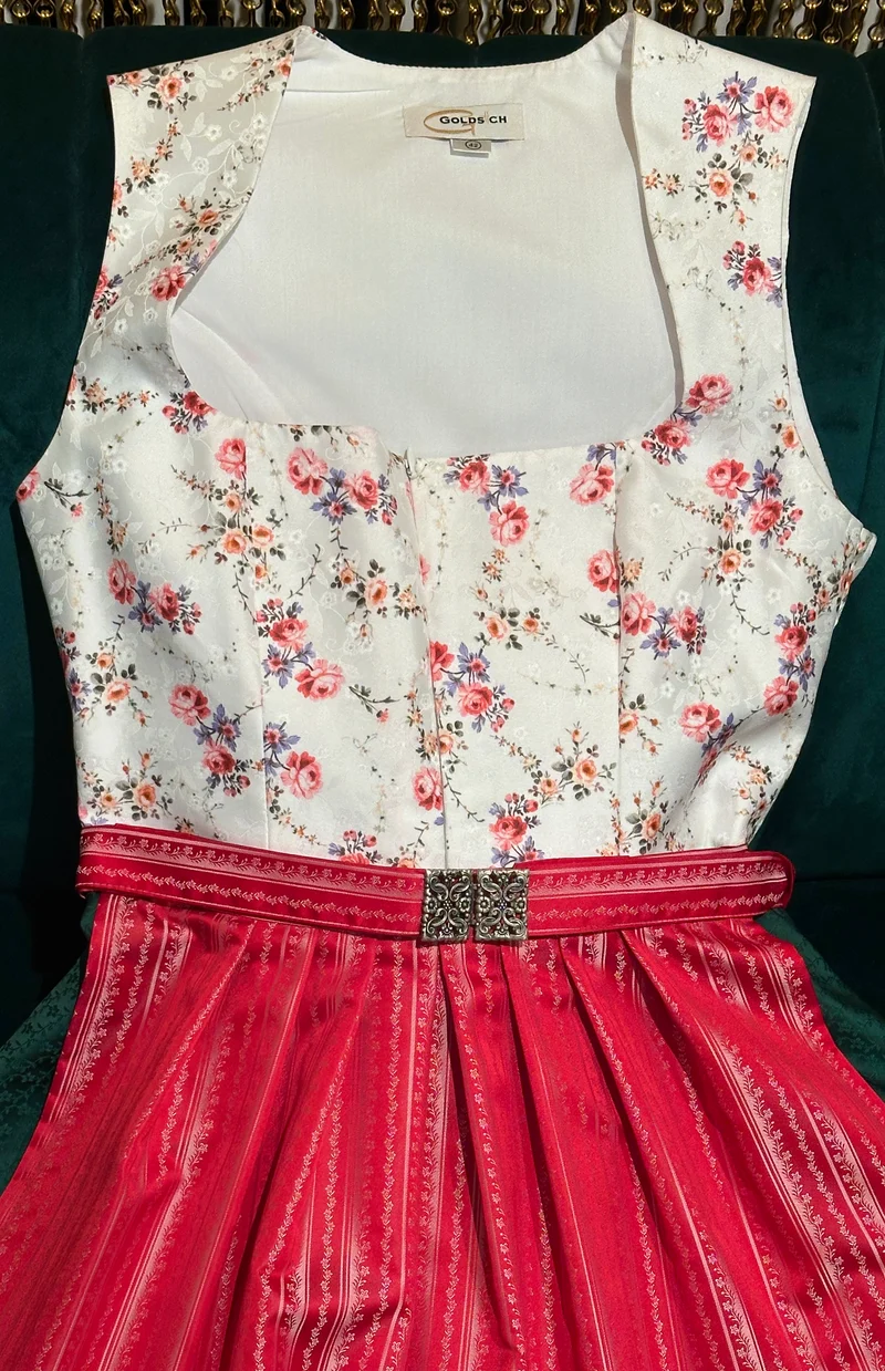 Dirndl Goldstich traditionell weiß/grün/rot geblümt 70cm