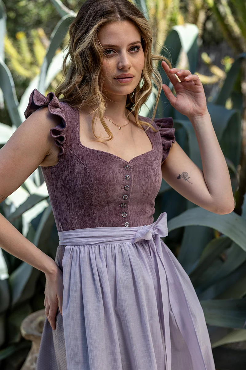 Midi-Samtdirndl mit abnehmbaren Flügelärmeln Hochwinkel 70cm - pflaume