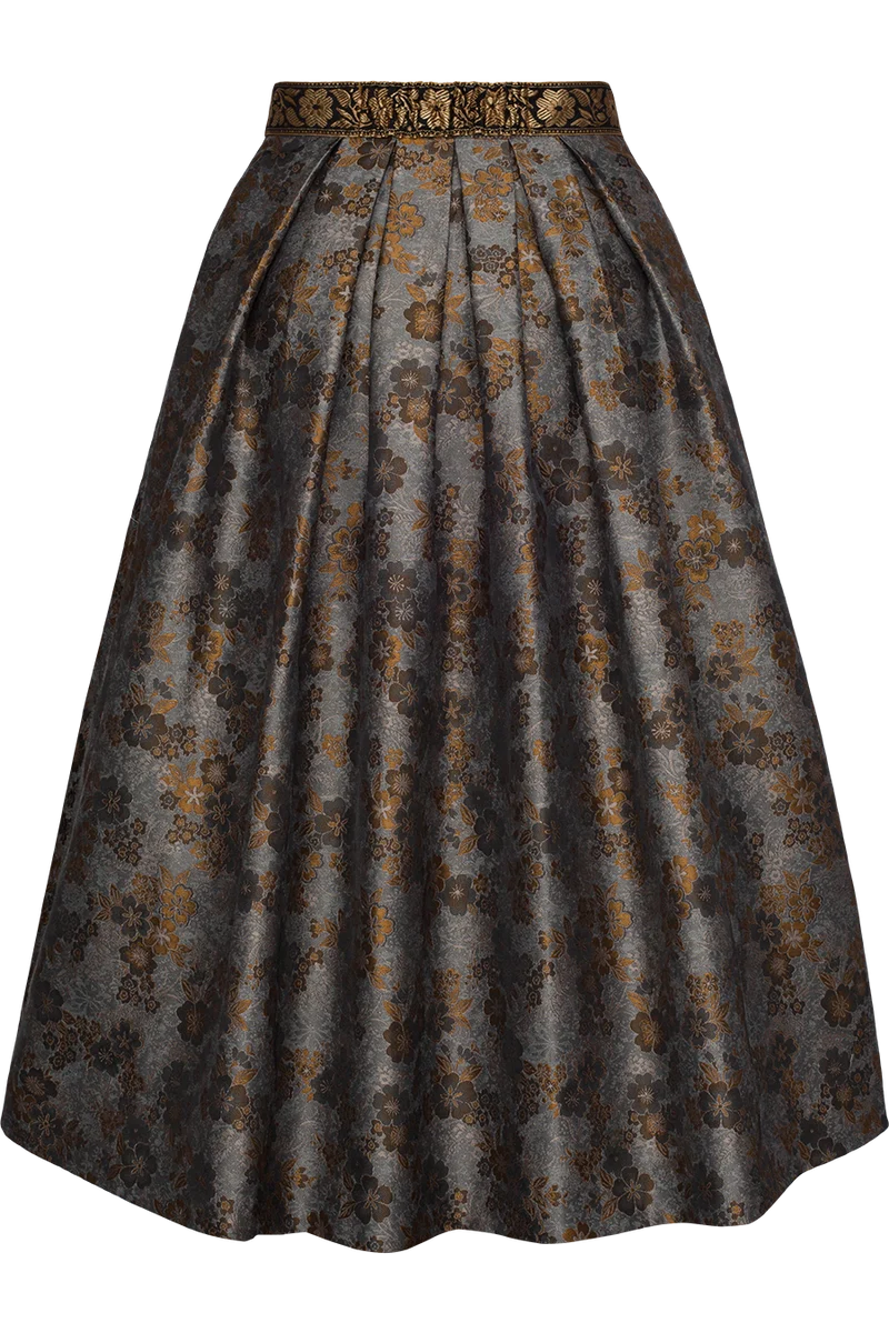 Midi-Trachtenrock mit Blumenmuster und verziertem Gürtel - grau