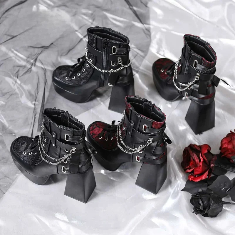 Gothic-Schnürstiefeletten für Damen mit Kettenreißverschluss und Plateau