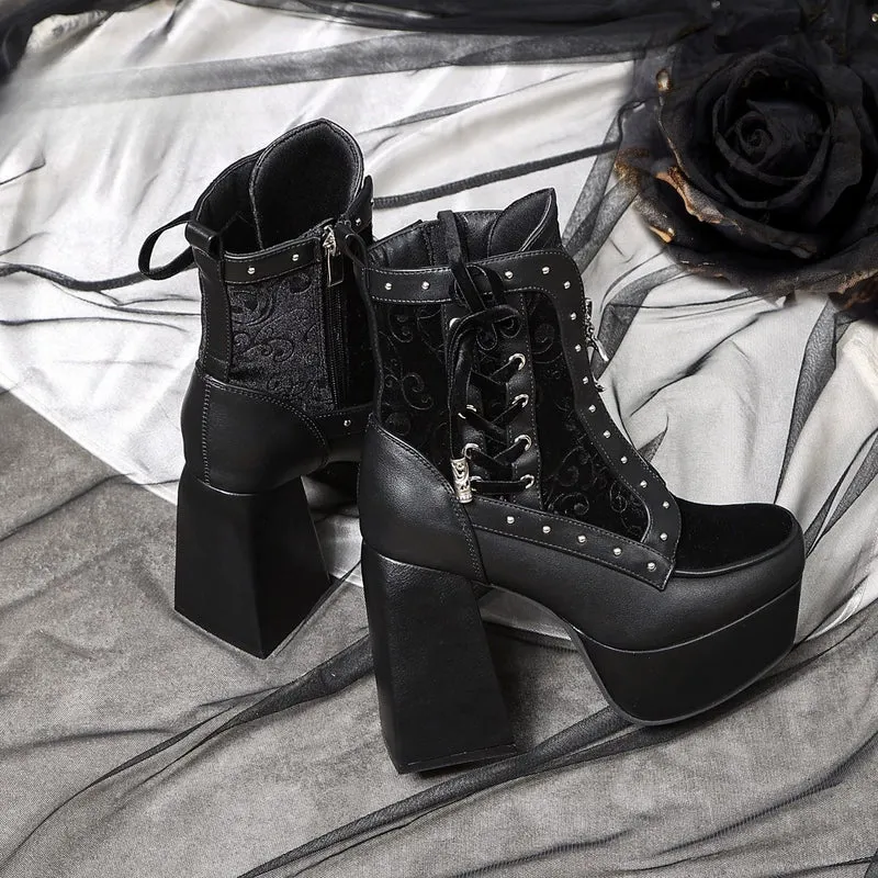 Gothic-Ankle-Boots für Damen mit Nieten, Schnürung, Reißverschluss und Plateau