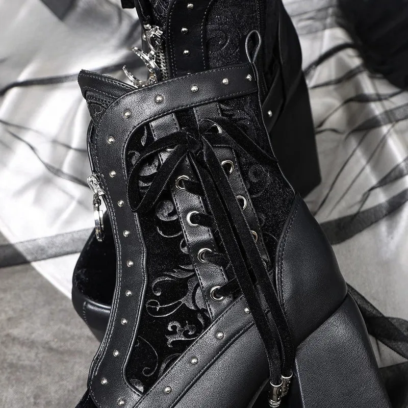 Gothic-Ankle-Boots für Damen mit Nieten, Schnürung, Reißverschluss und Plateau