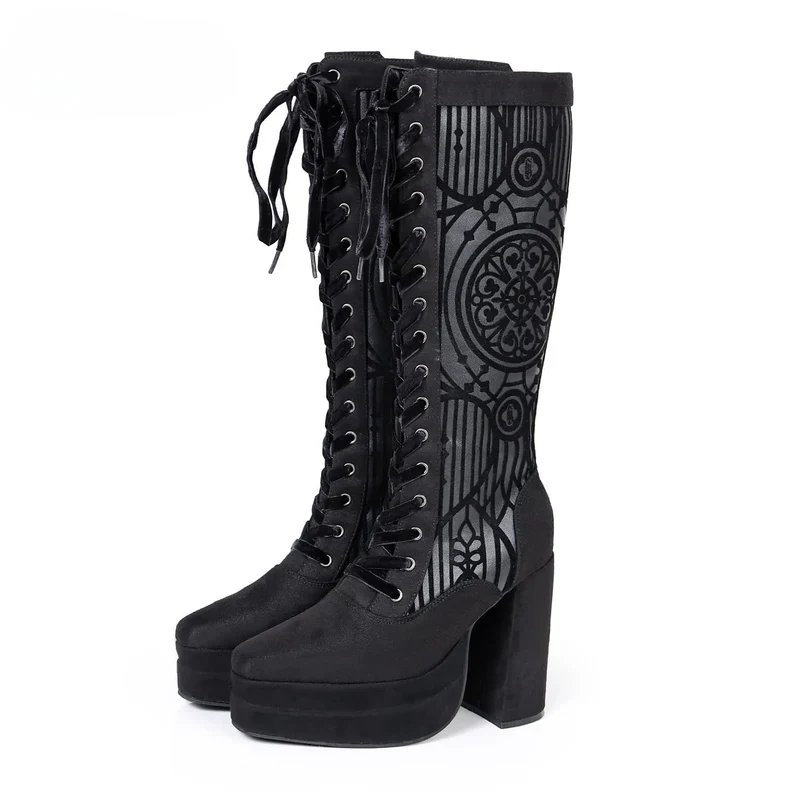 Gothic-Plateau-Schnürstiefel für Damen mit Buntglas-Print, kniehoch