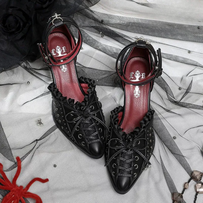 Gothic-Stilettos für Damen mit Nieten, Rüschen, Schnürung und Knöchelriemen