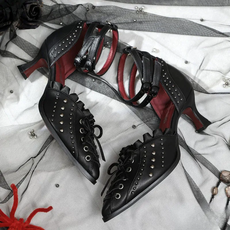 Gothic-Stilettos für Damen mit Nieten, Rüschen, Schnürung und Knöchelriemen