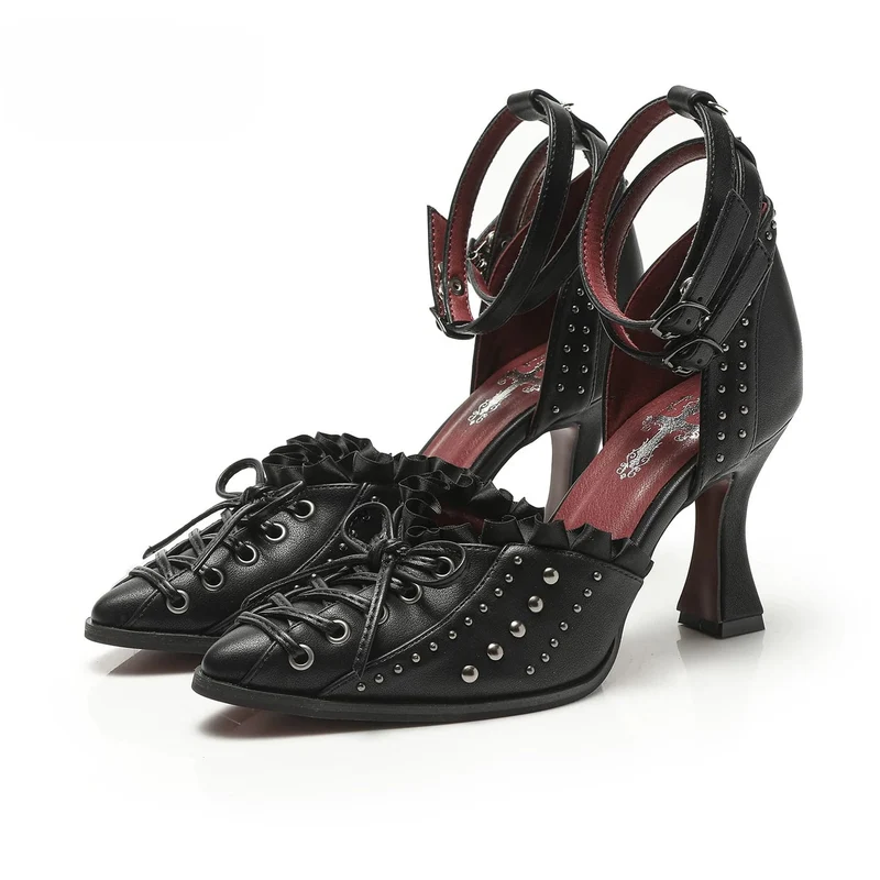 Gothic-Stilettos für Damen mit Nieten, Rüschen, Schnürung und Knöchelriemen
