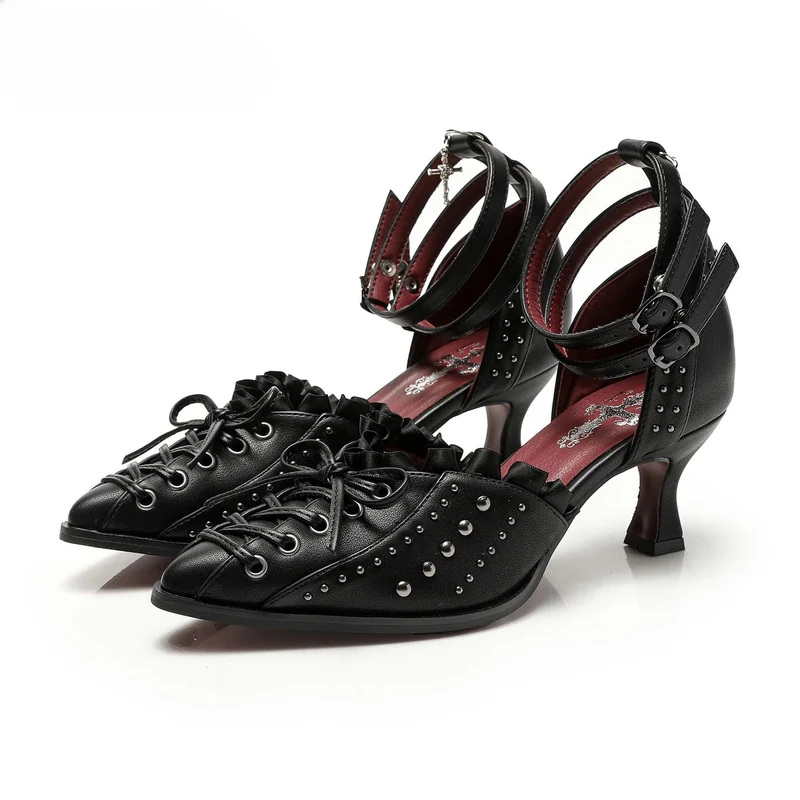 Gothic-Stilettos für Damen mit Nieten, Rüschen, Schnürung und Knöchelriemen