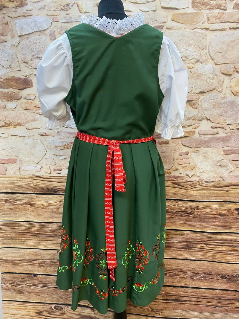 Vintage Dirndl Grün Bestickt mit roter Schürze – Gr. 48