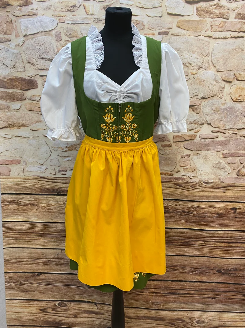 Vintage Dirndl Grün mit Stickerei & Schürze – Gr. 48/50