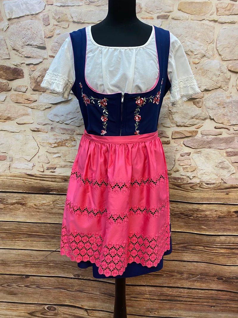 Vintage Dirndl Gr. 42 Dunkelblau mit Blumenstickerei, Bluse & Spitzenschürze
