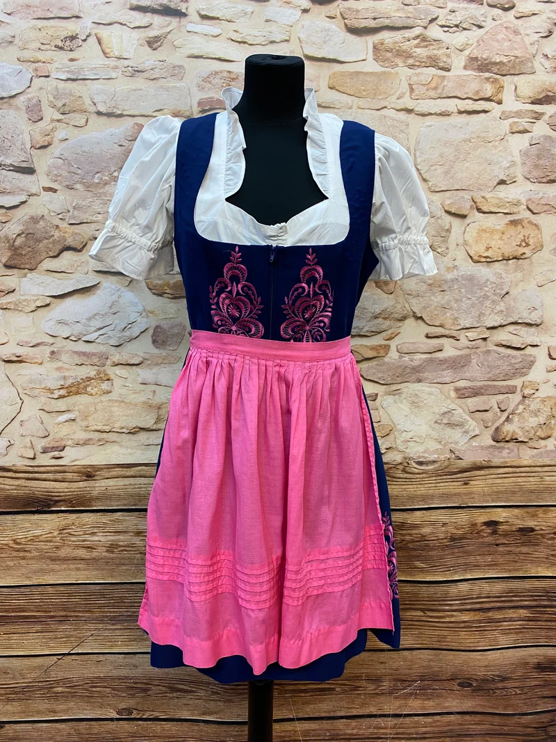 Vintage Dirndl Gr. 40 Blau mit pinker Stickerei, Bluse & Schürze