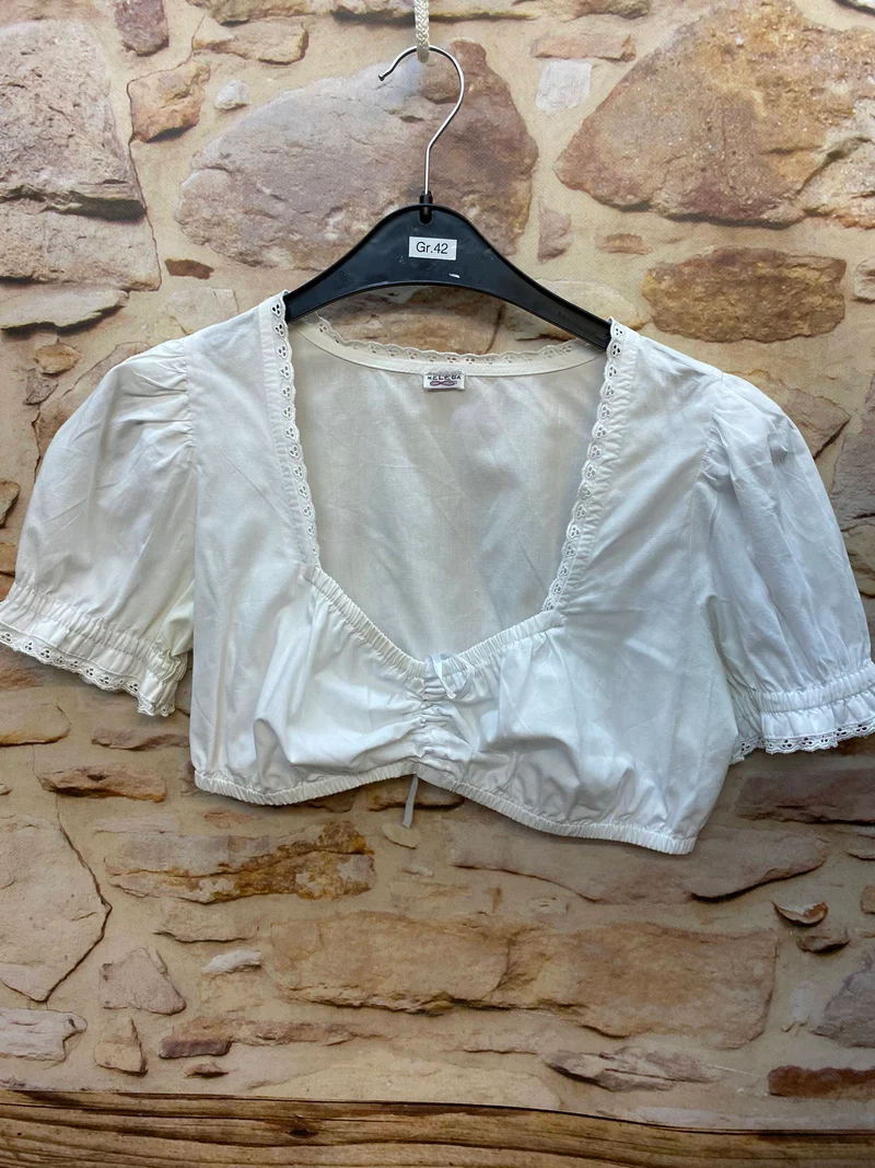 Vintage Dirndl Gr. 42 Blau mit Rosenstickerei, Bluse & pinker Schürze