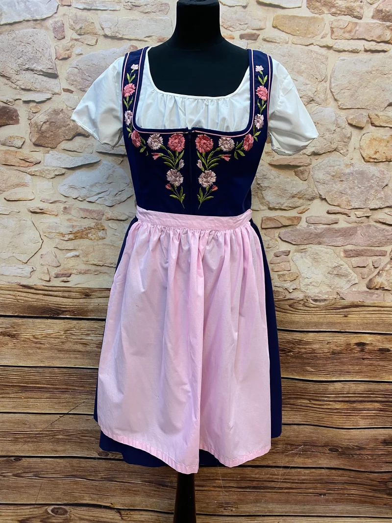 Vintage Dirndl Gr. 38 – Dunkelblau mit Blumenstickerei & rosa Schürze