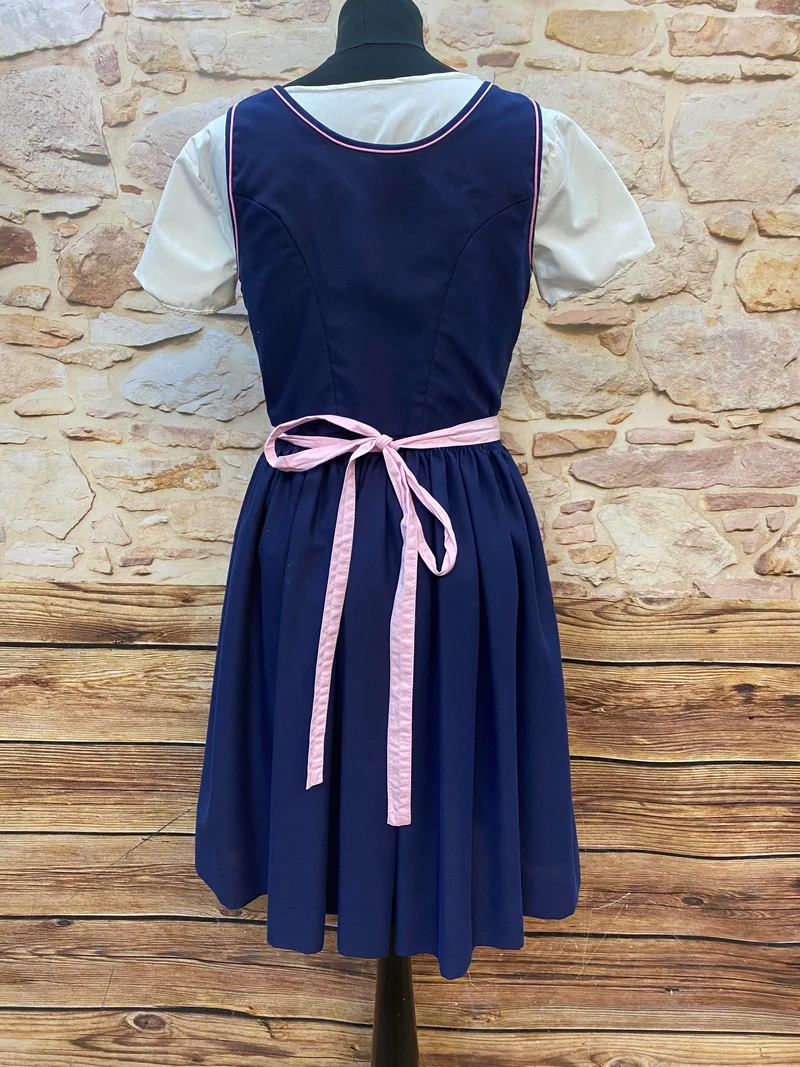 Vintage Dirndl Gr. 38 – Dunkelblau mit Blumenstickerei & rosa Schürze