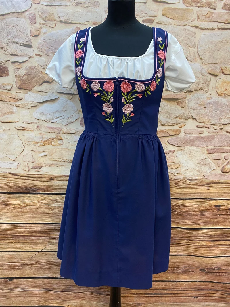 Vintage Dirndl Gr. 38 – Dunkelblau mit Blumenstickerei & rosa Schürze