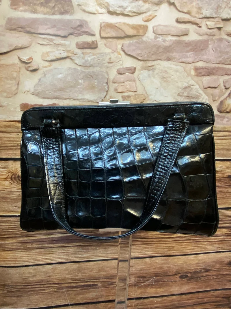 Vintage Handtasche Schwarz mit Kroko-/Reptilleder-Struktur