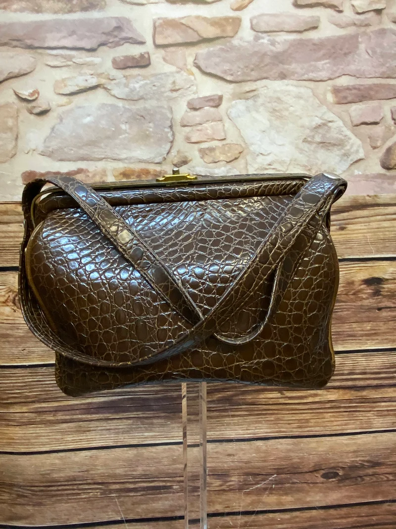 Vintage Handtasche Braun mit Kroko-/Reptilleder-Struktur