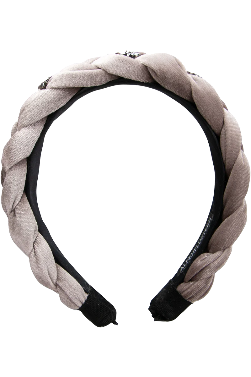 Samt Haarreif geflochten mit Strass-Edelweißblüten - taupe braun