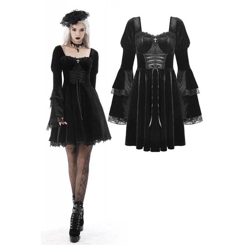 Gothic-Hochzeitskleid für Damen mit mehrlagigen Ärmeln und Spitzeneinsatz