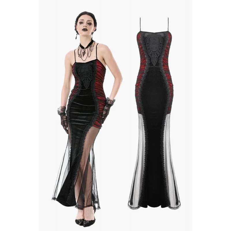 Gothic-Satinkleid aus Samt in Kontrastfarbe für Damen