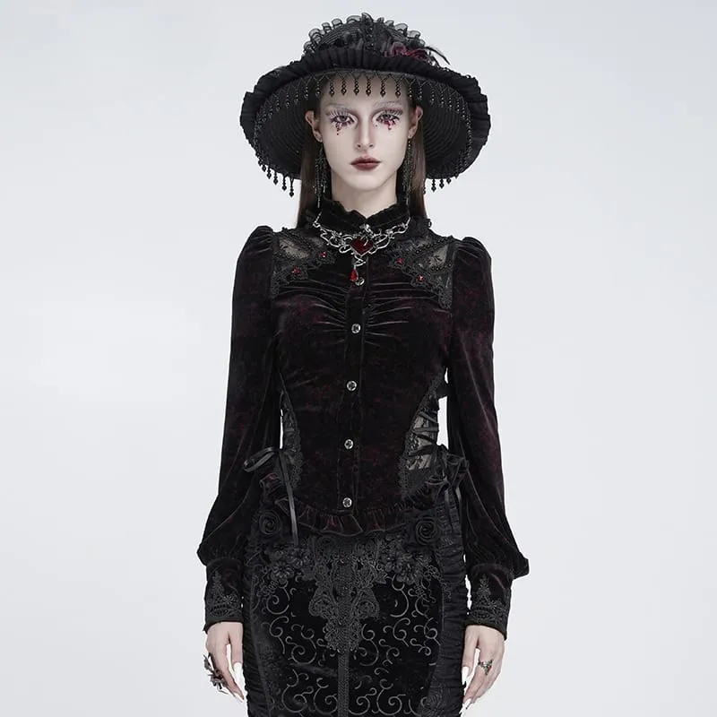 Gothic-Bluse aus Samt für Damen mit Schnürung und langen Ärmeln