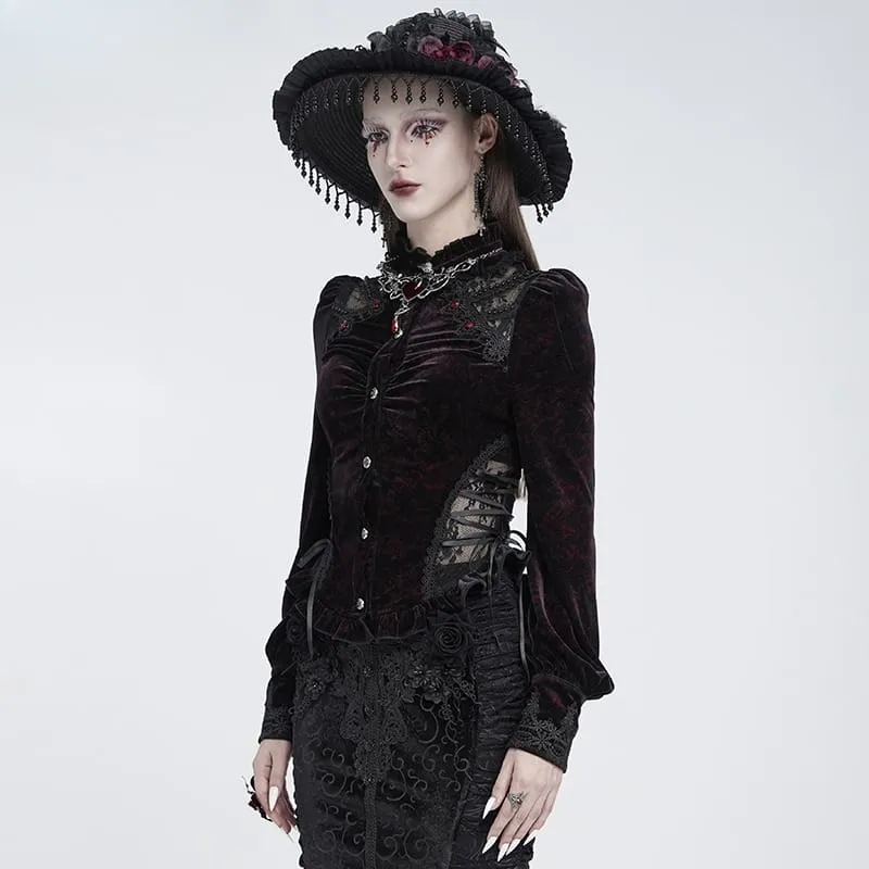Gothic-Bluse aus Samt für Damen mit Schnürung und langen Ärmeln