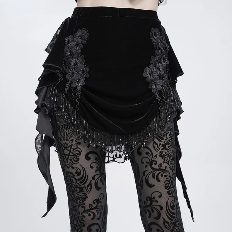 Gothic-Samtrock für Damen mit Blumenmuster, Perlenfransen und Bändern