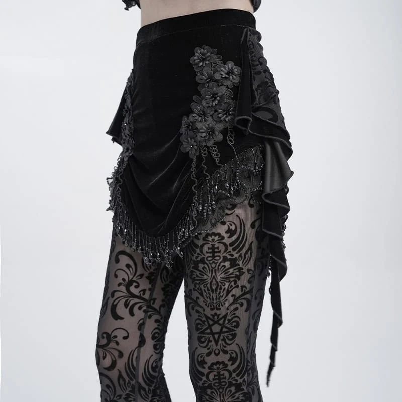 Gothic-Samtrock für Damen mit Blumenmuster, Perlenfransen und Bändern