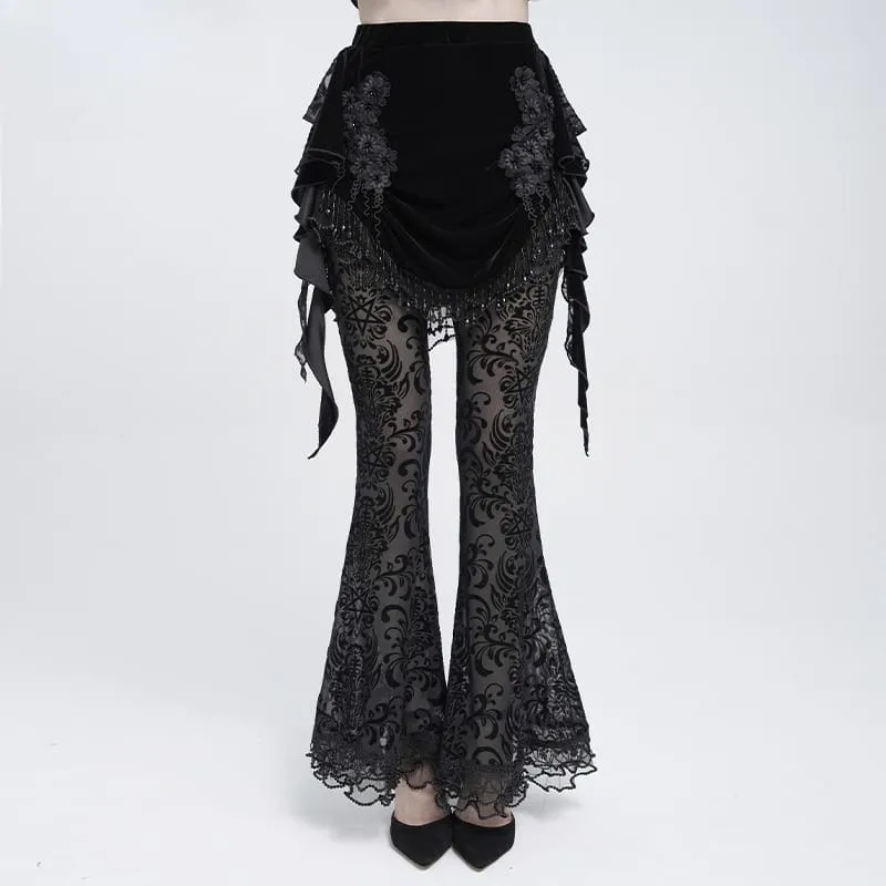 Gothic-Samtrock für Damen mit Blumenmuster, Perlenfransen und Bändern