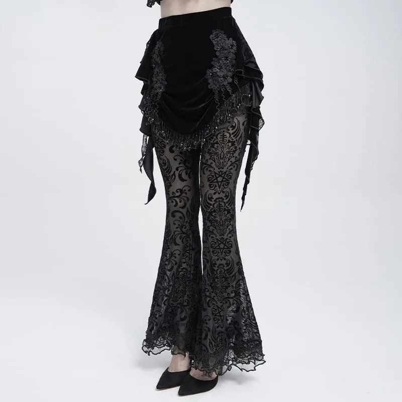 Gothic-Samtrock für Damen mit Blumenmuster, Perlenfransen und Bändern