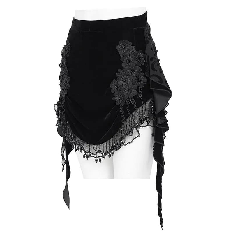 Gothic-Samtrock für Damen mit Blumenmuster, Perlenfransen und Bändern