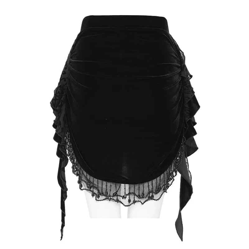 Gothic-Samtrock für Damen mit Blumenmuster, Perlenfransen und Bändern