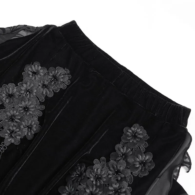 Gothic-Samtrock für Damen mit Blumenmuster, Perlenfransen und Bändern