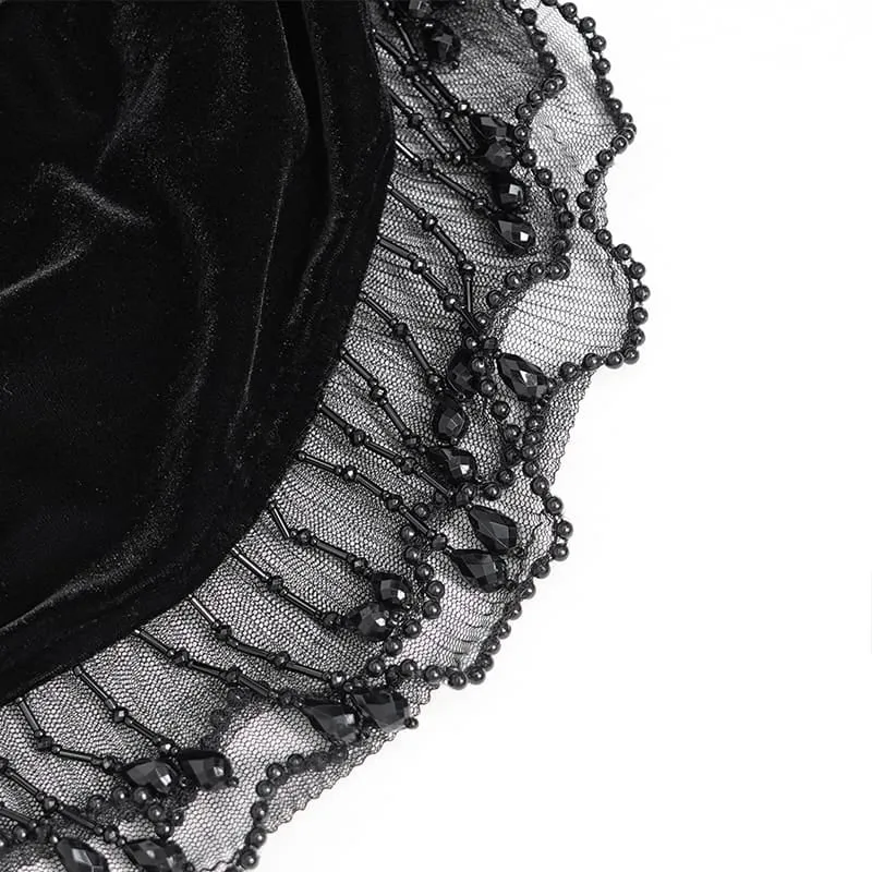 Gothic-Samtrock für Damen mit Blumenmuster, Perlenfransen und Bändern