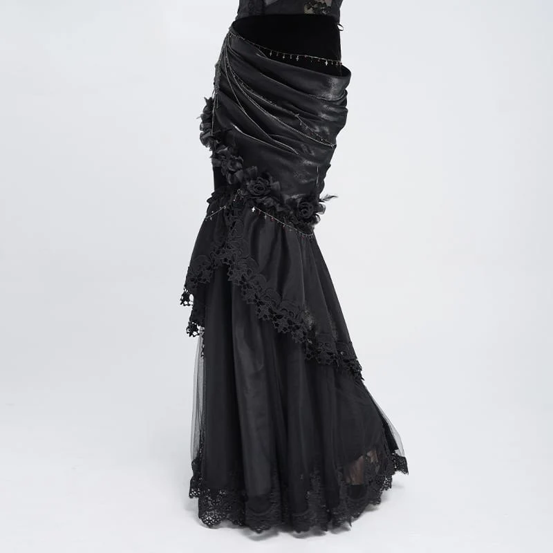 Gothic-Rock mit Rosenkette, asymmetrischem Faltenrock im Meerjungfrauenstil für Damen