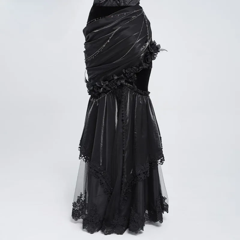 Gothic-Rock mit Rosenkette, asymmetrischem Faltenrock im Meerjungfrauenstil für Damen